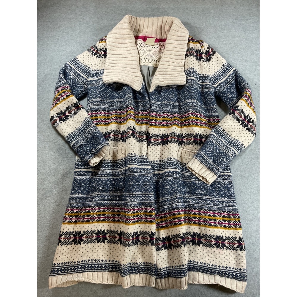 E by Eloise Anthropologie Fair Isle Longline Cardigan Sweater Blue Multi M/L J84